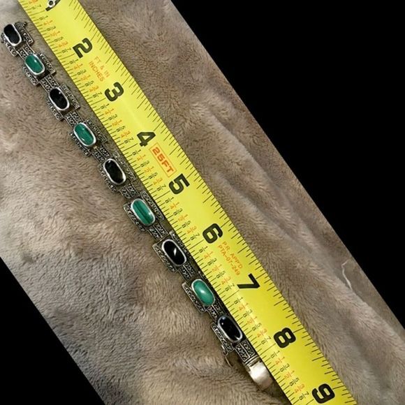 Art Deco Onyx Marcasite Malachite Sterling Silver Bracelet - Picture 12 of 13